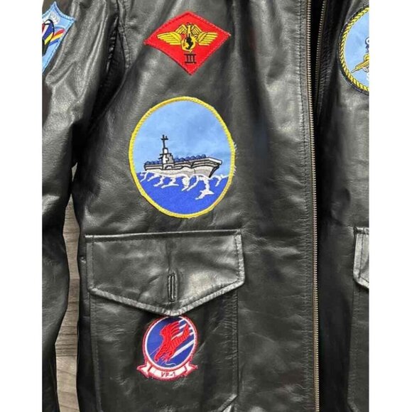 Top Gun Real Leather Black Bomber Jacket W/ Patches Men’s Size Large Coat NWT - Picture 9 of 11